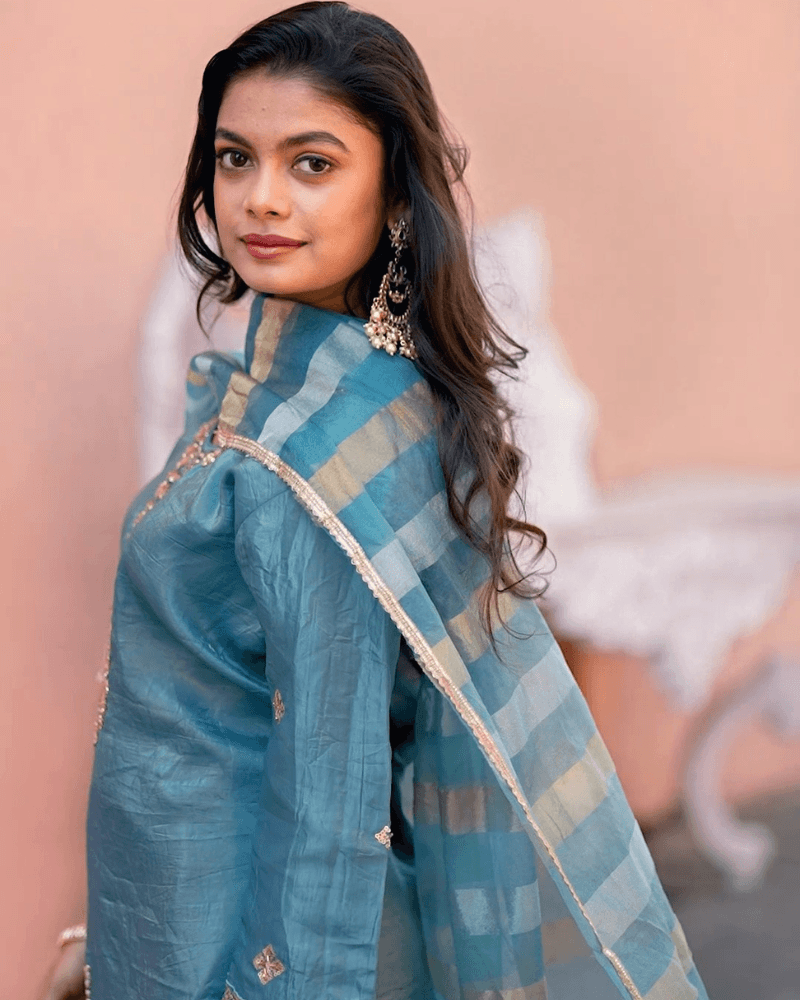 Peacock Green Tussle Silk Suit with Sequence Work