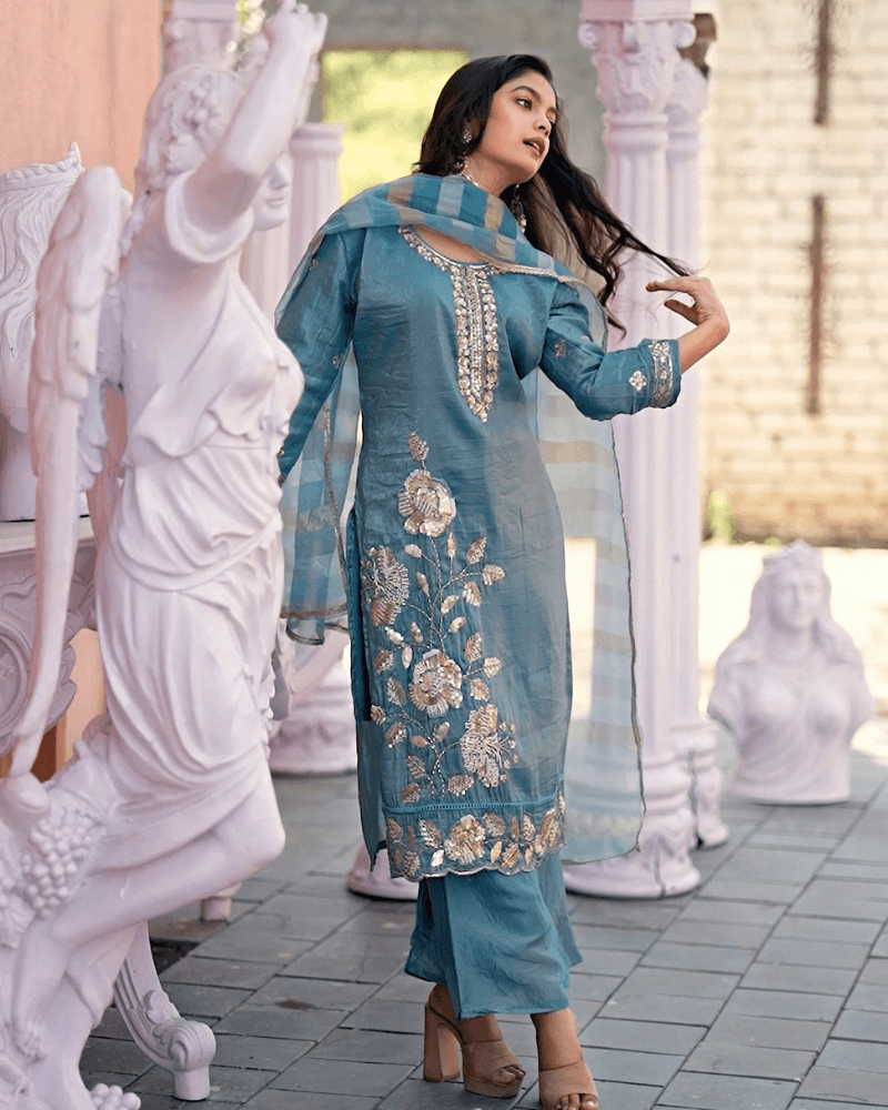 Peacock Green Tussle Silk Suit with Sequence Work