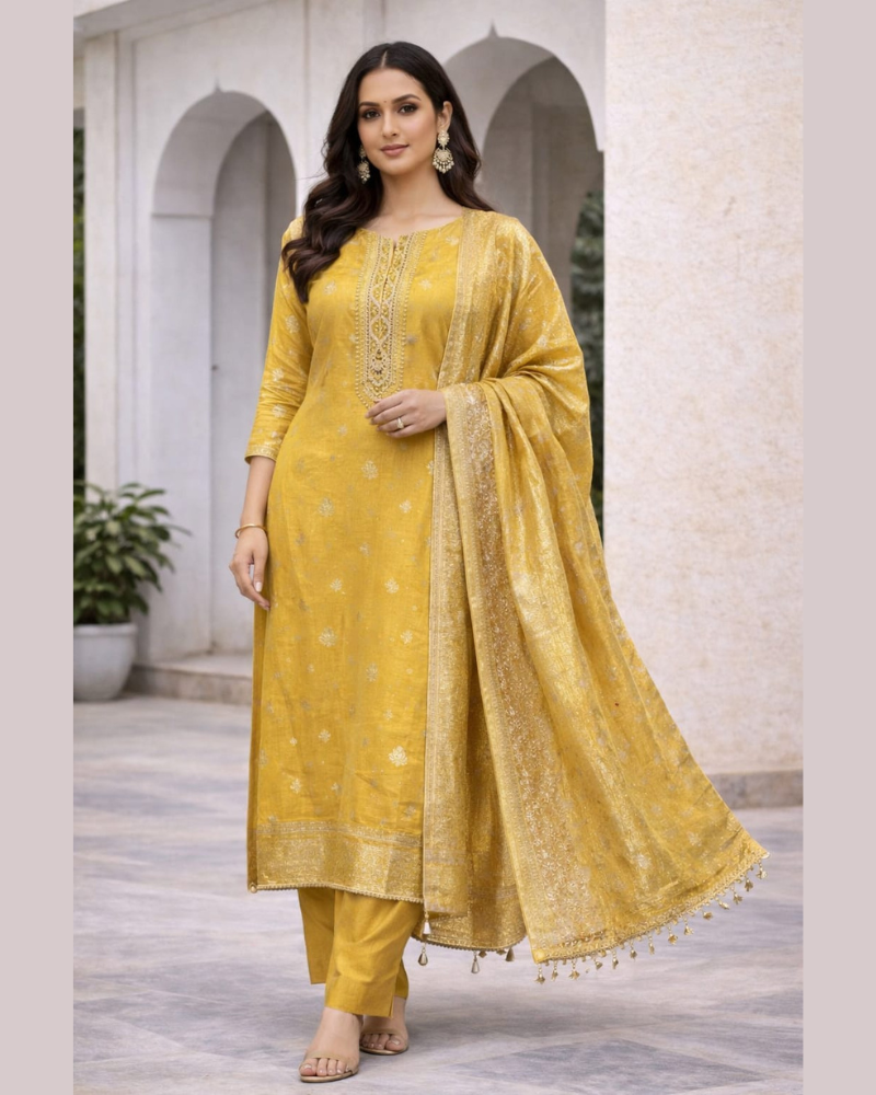 Banarasi Silk Suit Set – Kurta, Dupatta & Plain Bottom