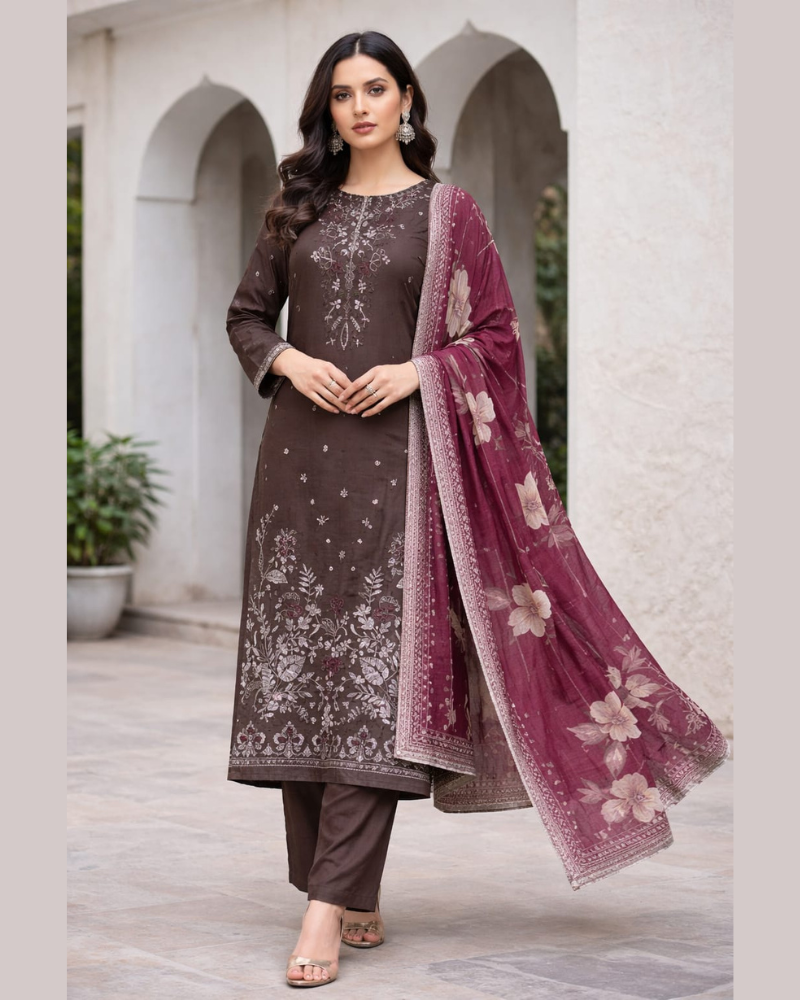 Coffee Brown Embroidered Unstitched Suit Set