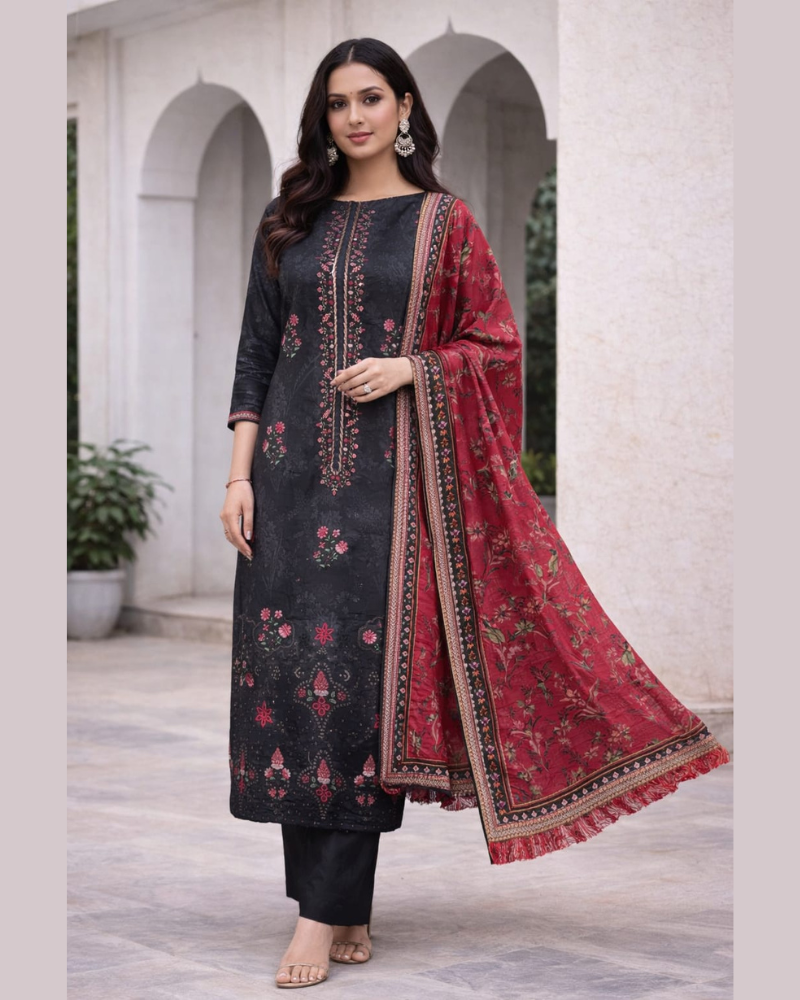Black & Cherry Red Embroidered Suit Set with Sequence Detailing