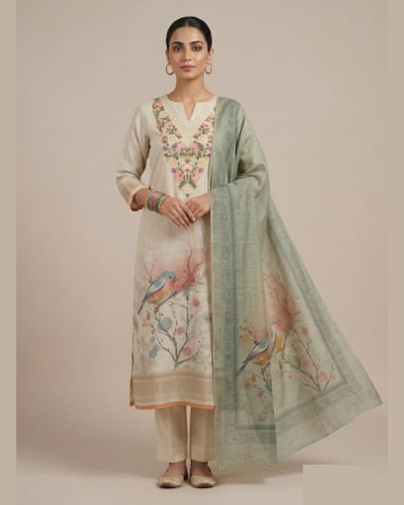 Off-White Kashmiri Embroidered Suit Set with Sky Blue Printed Dupatta