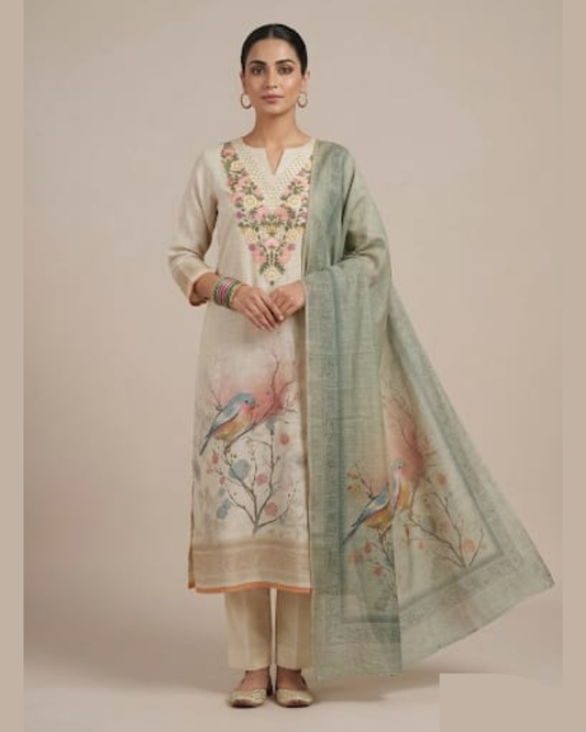 Off-White Kashmiri Embroidered Suit Set with Sky Blue Printed Dupatta