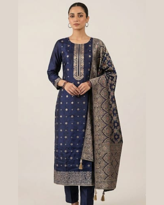 Navy Blue Banarasi Pure Silk Unstitched Suit Set