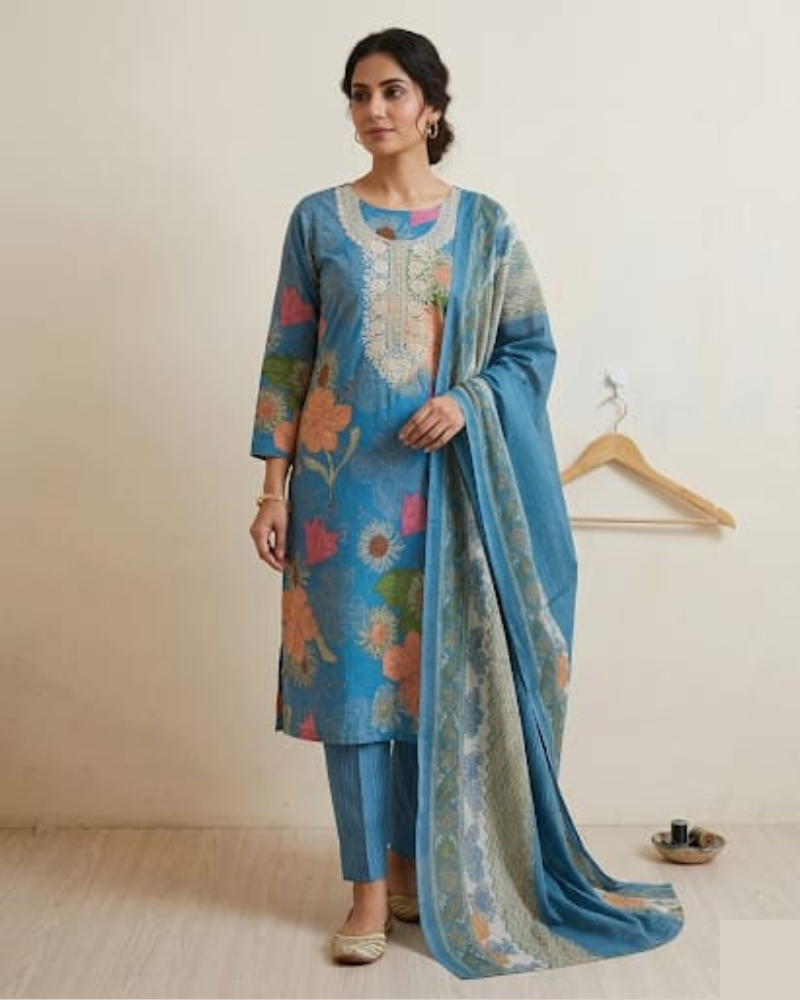 Sky Blue Printed Cotton Unstitched Suit