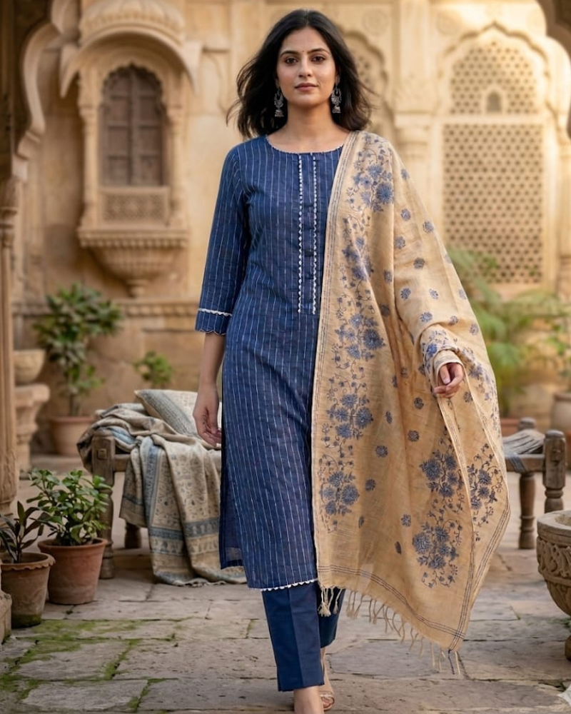 Blue Cotton Weaving Work Unstitched Suit Set