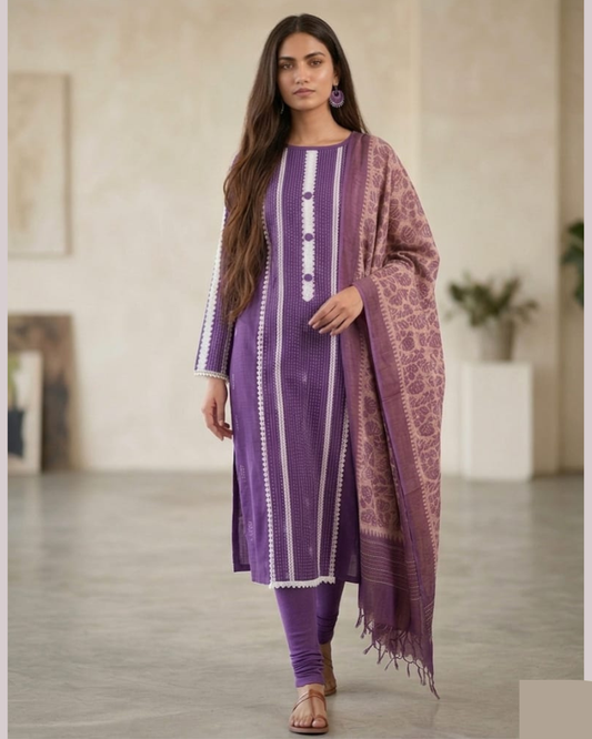 Purple Cotton Weaving Work Unstitched Suit Set