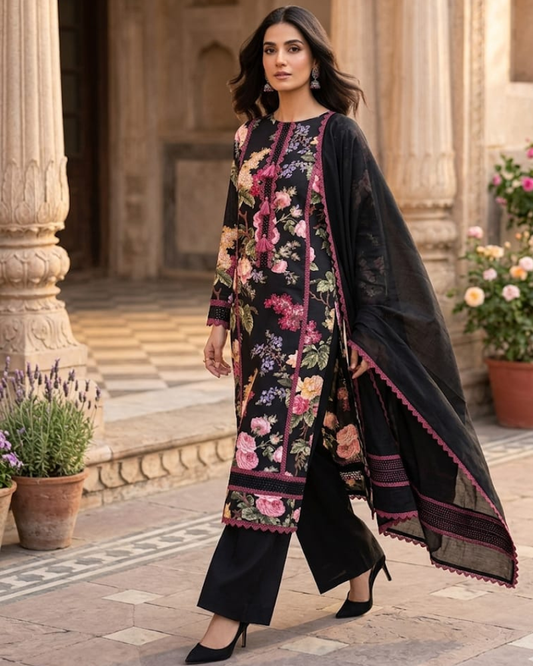 Multi-Colored Floral Printed Suit Set with Handwork Detailing