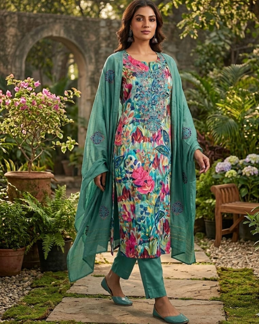 Glass Cotton Floral Print Suit Set – Peacock Green