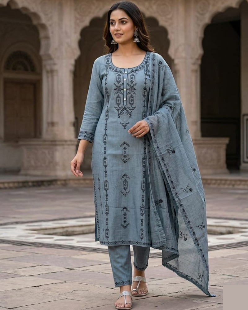 Sky Blue Mul Chanderi Hand-Embroidered Suit Set