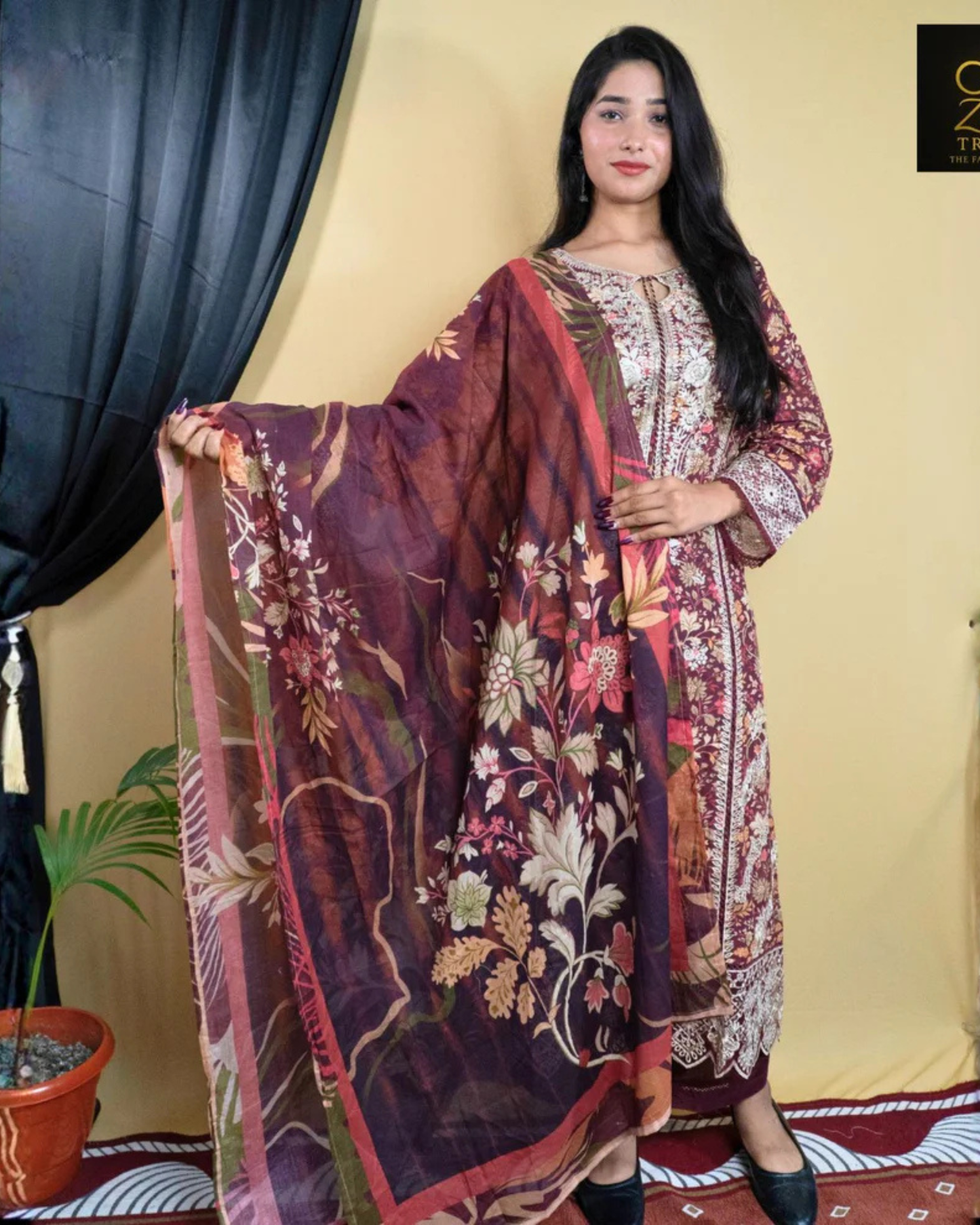 Maroon Embroidered Printed Kurta Set with Dupatta