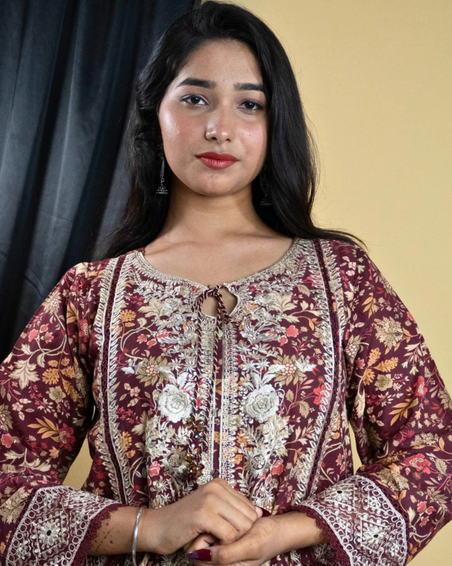 Maroon Embroidered Printed Kurta Set with Dupatta