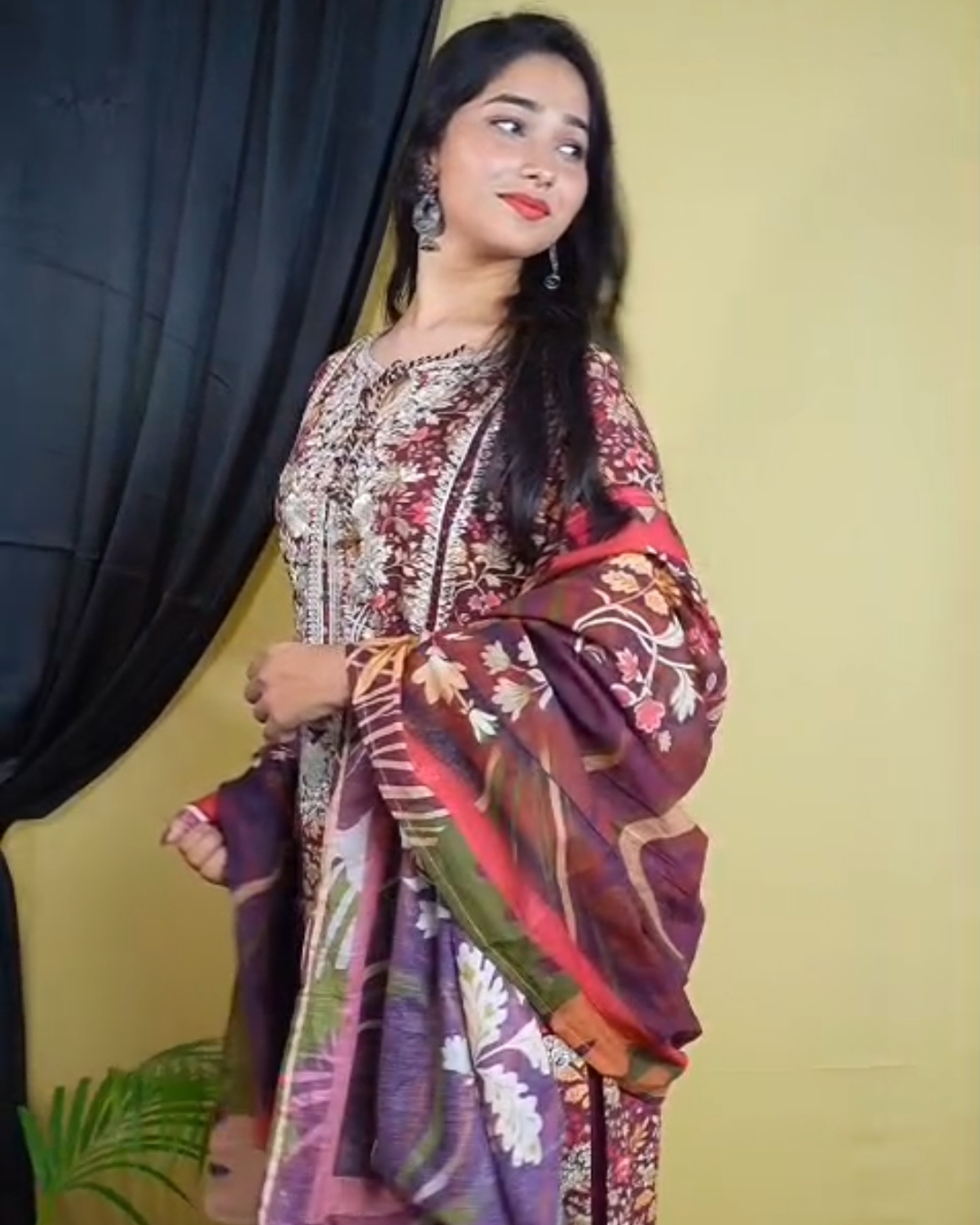 Maroon Embroidered Printed Kurta Set with Dupatta