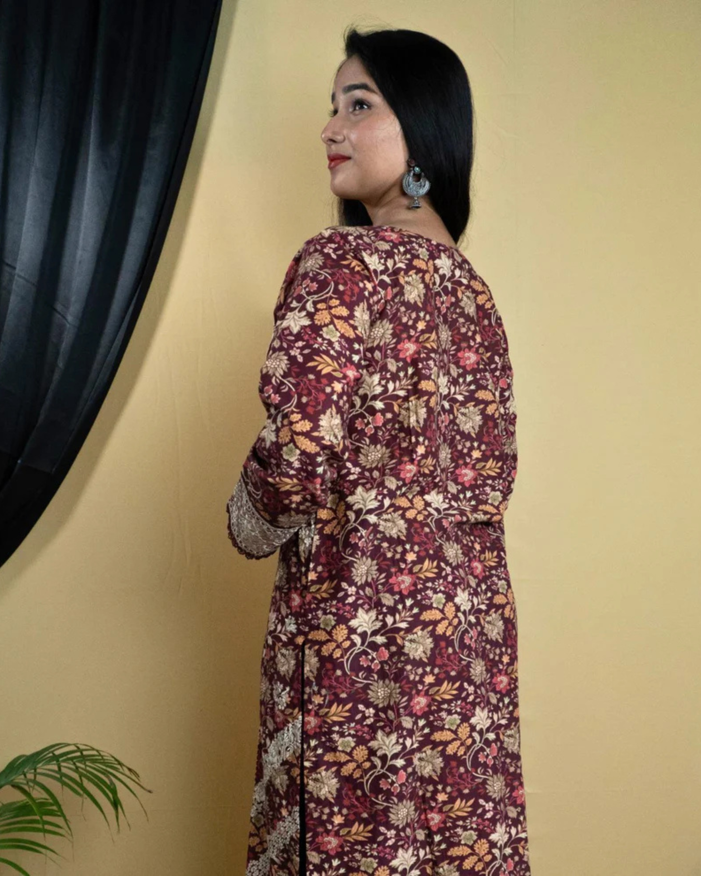 Maroon Embroidered Printed Kurta Set with Dupatta