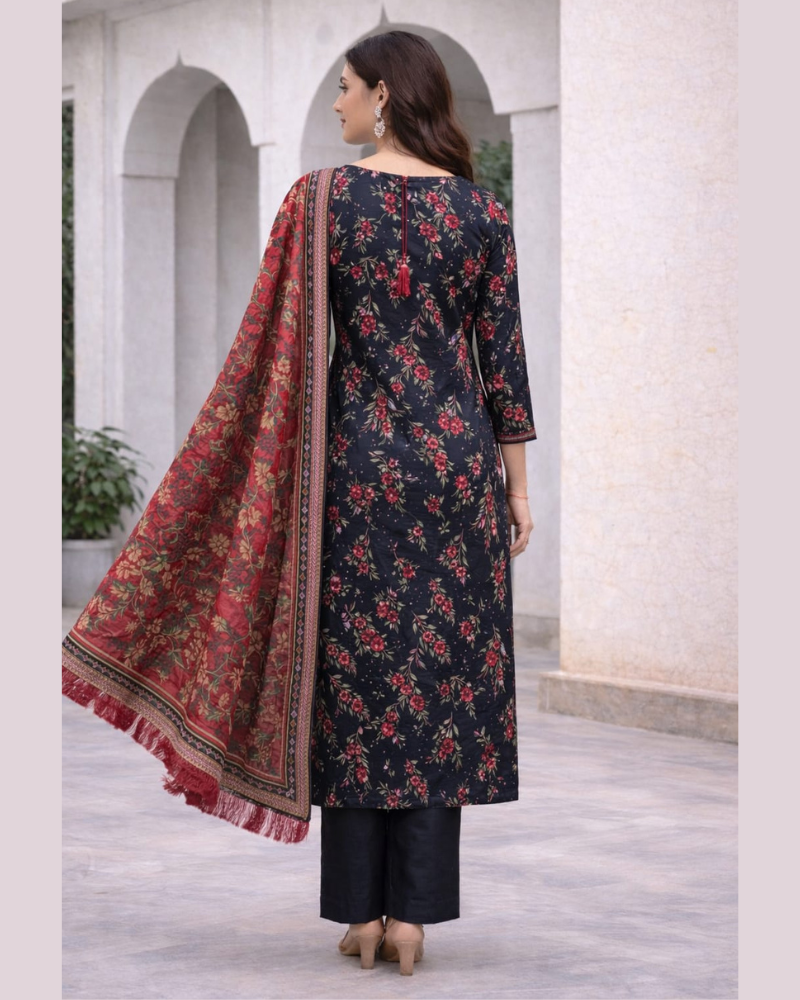 Black & Cherry Red Embroidered Suit Set with Sequence Detailing