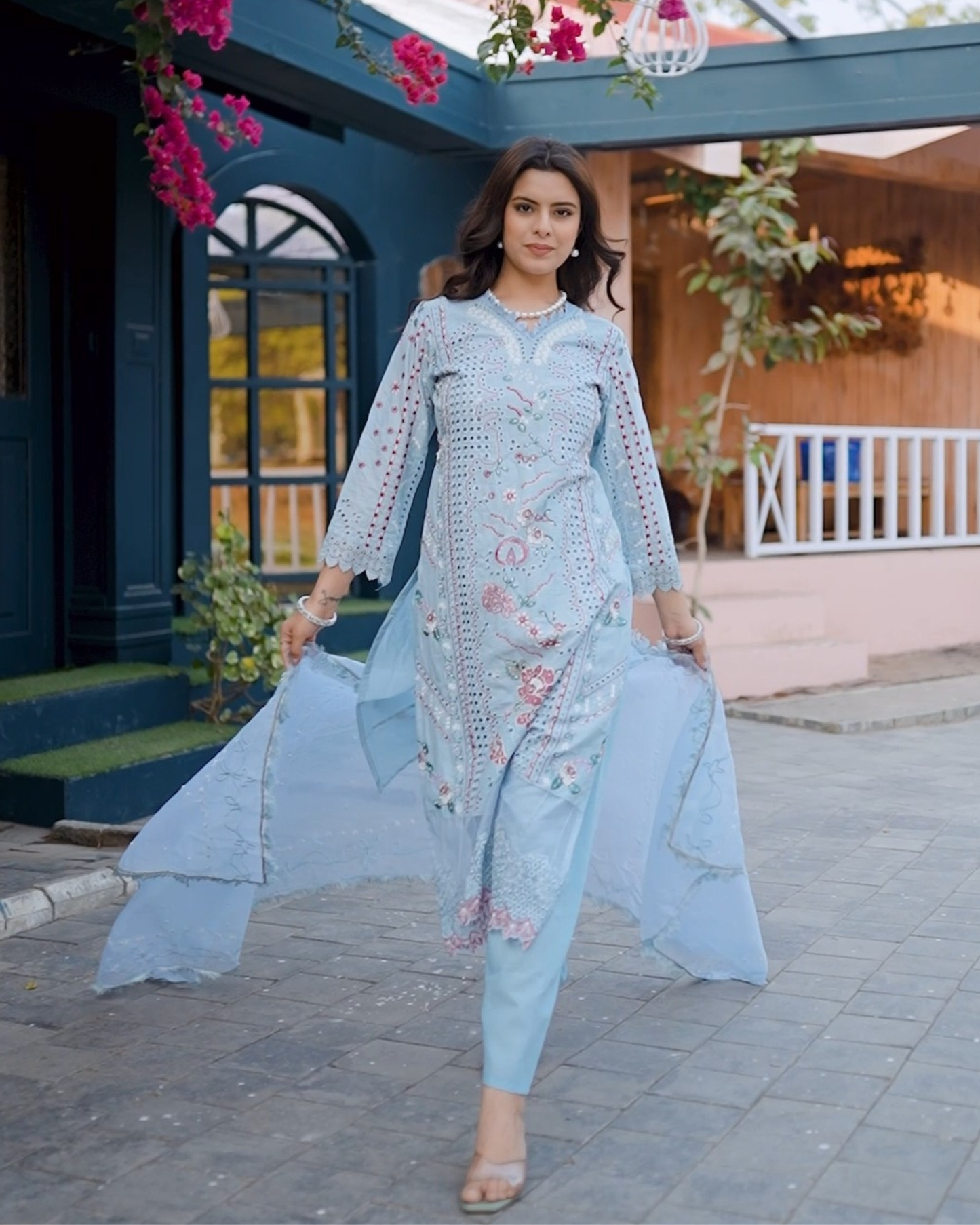 Sky Blue Cut Work Design