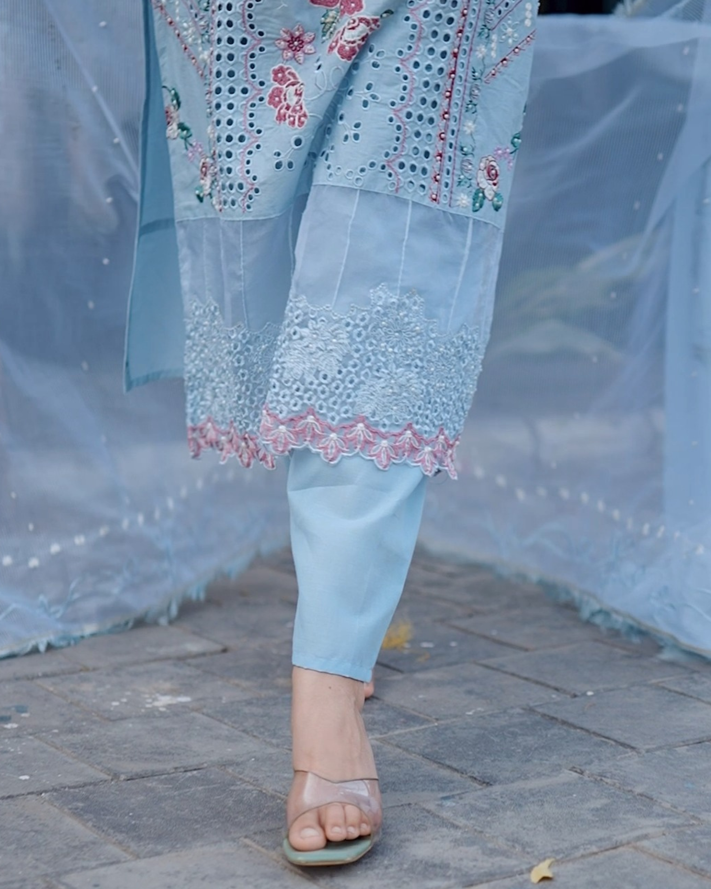 Sky Blue Cut Work Design