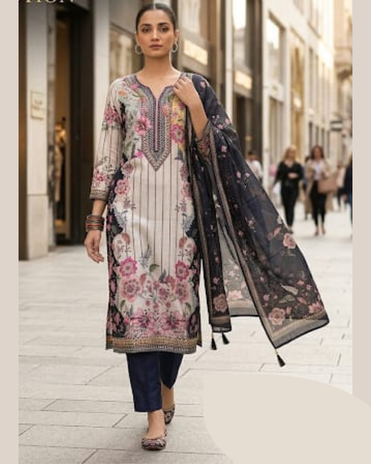 Floral Printed Suit Set with Handwork Detailing