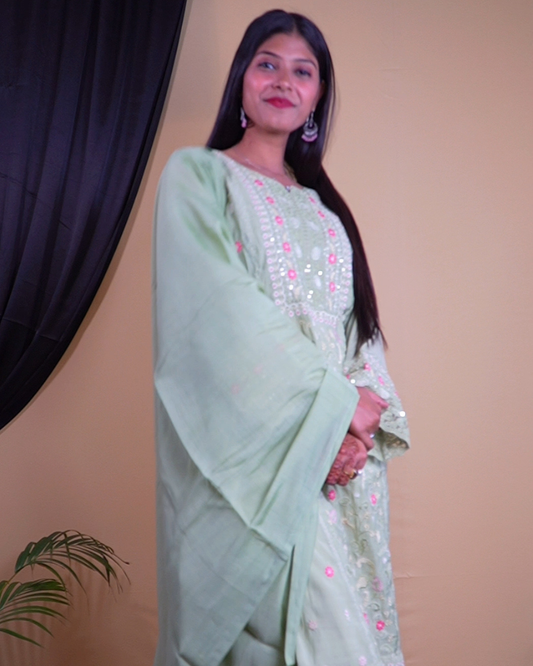 Pista Mul Embroidery Cut Work Suit Set