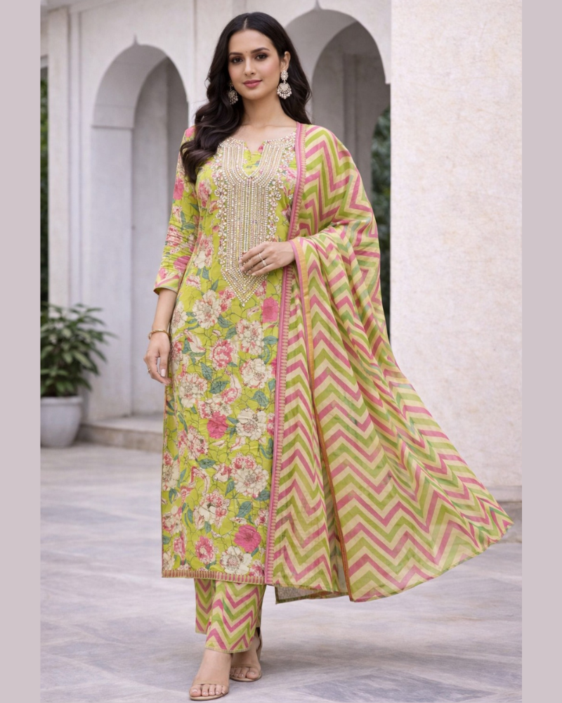 Light Parrot Green Printed Cotton Unstitched Suit