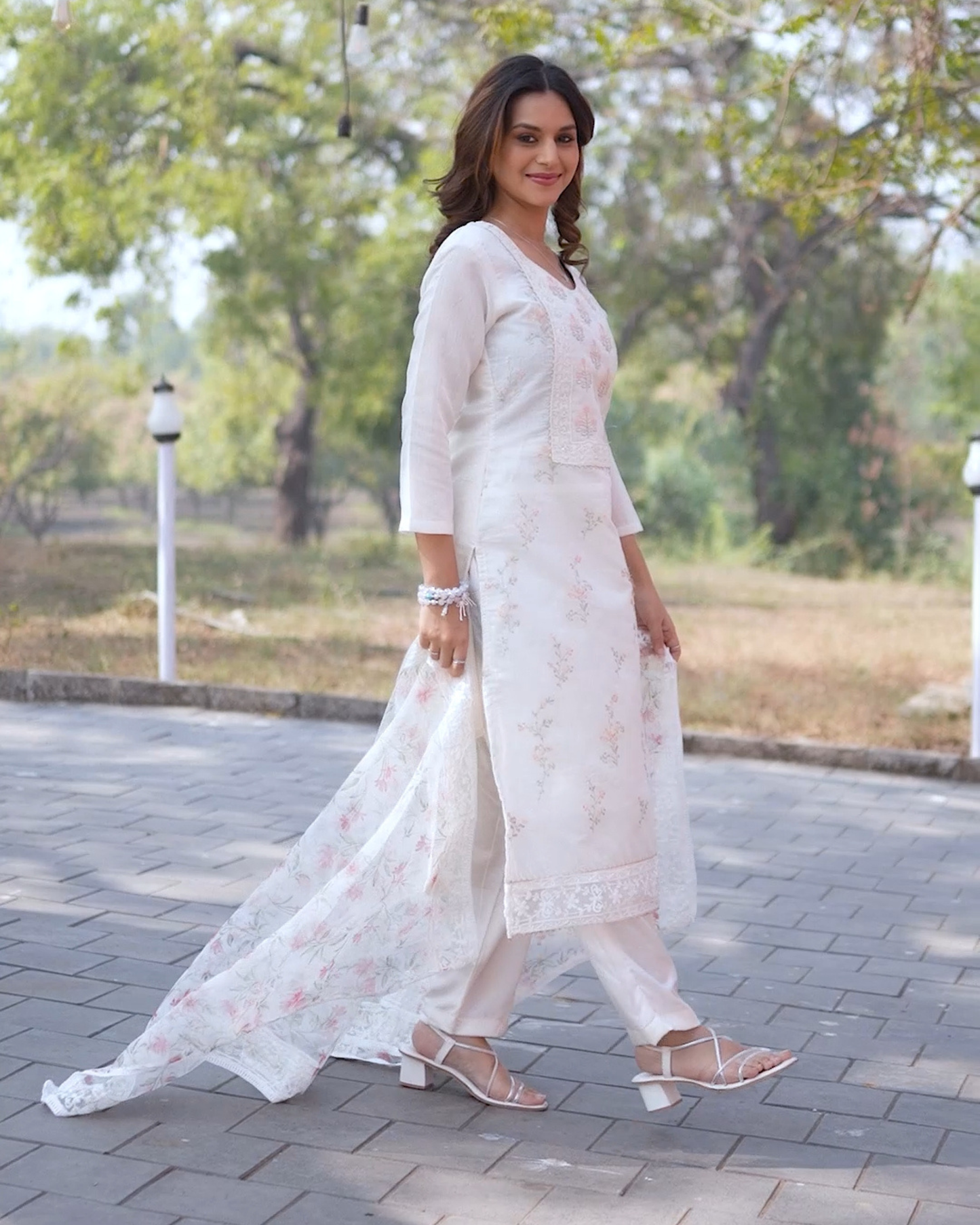 off-white chanderi suit with printed organza duptta