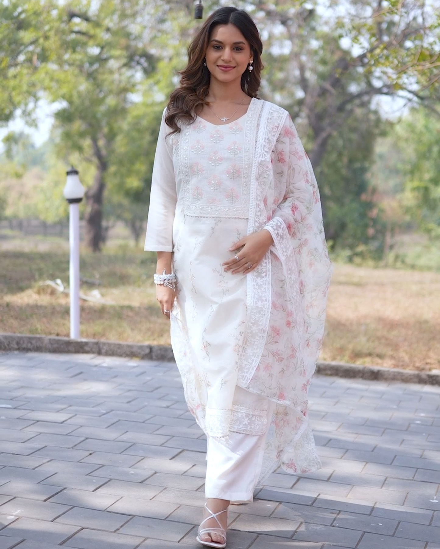 off-white chanderi suit with printed organza duptta