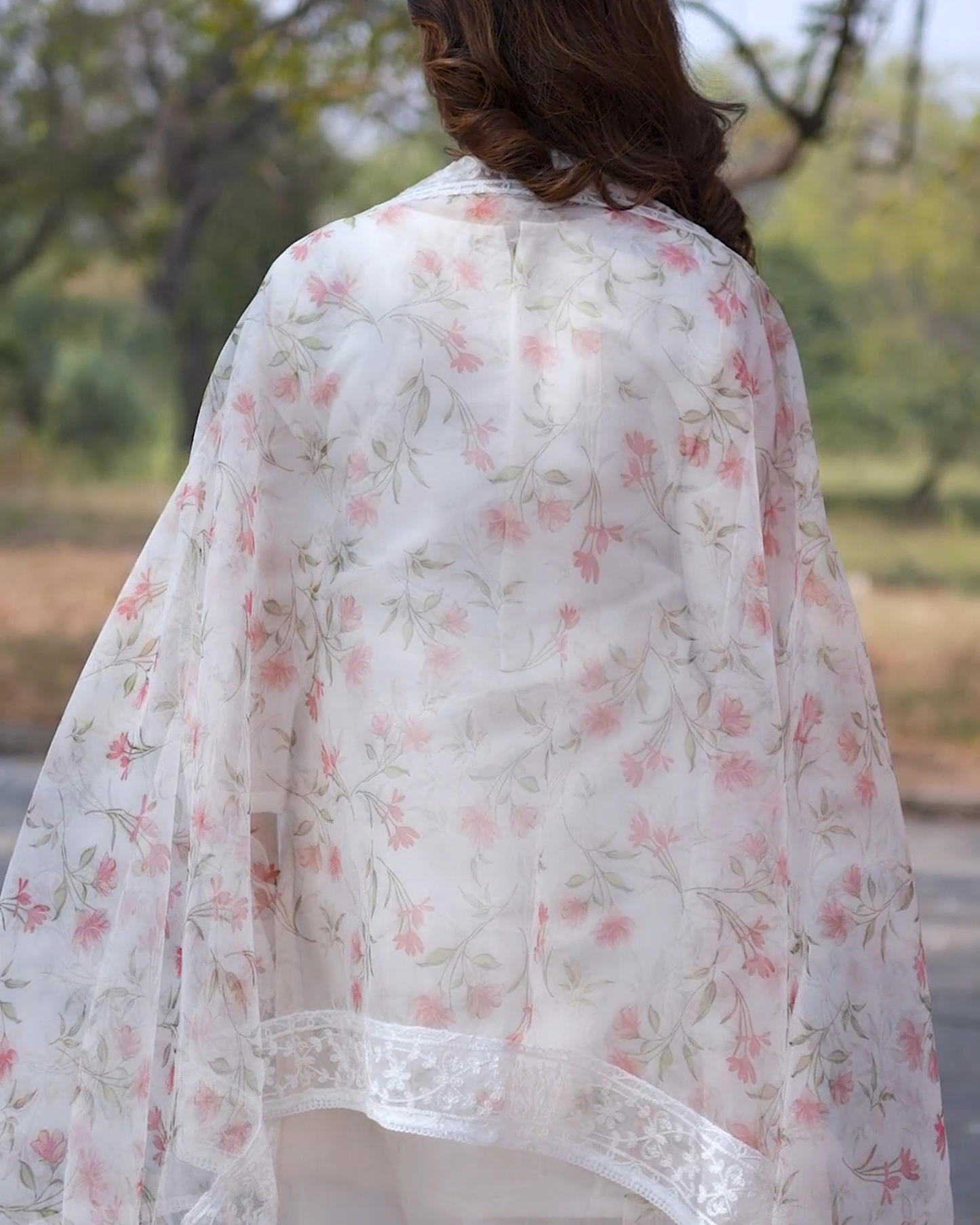 off-white chanderi suit with printed organza duptta