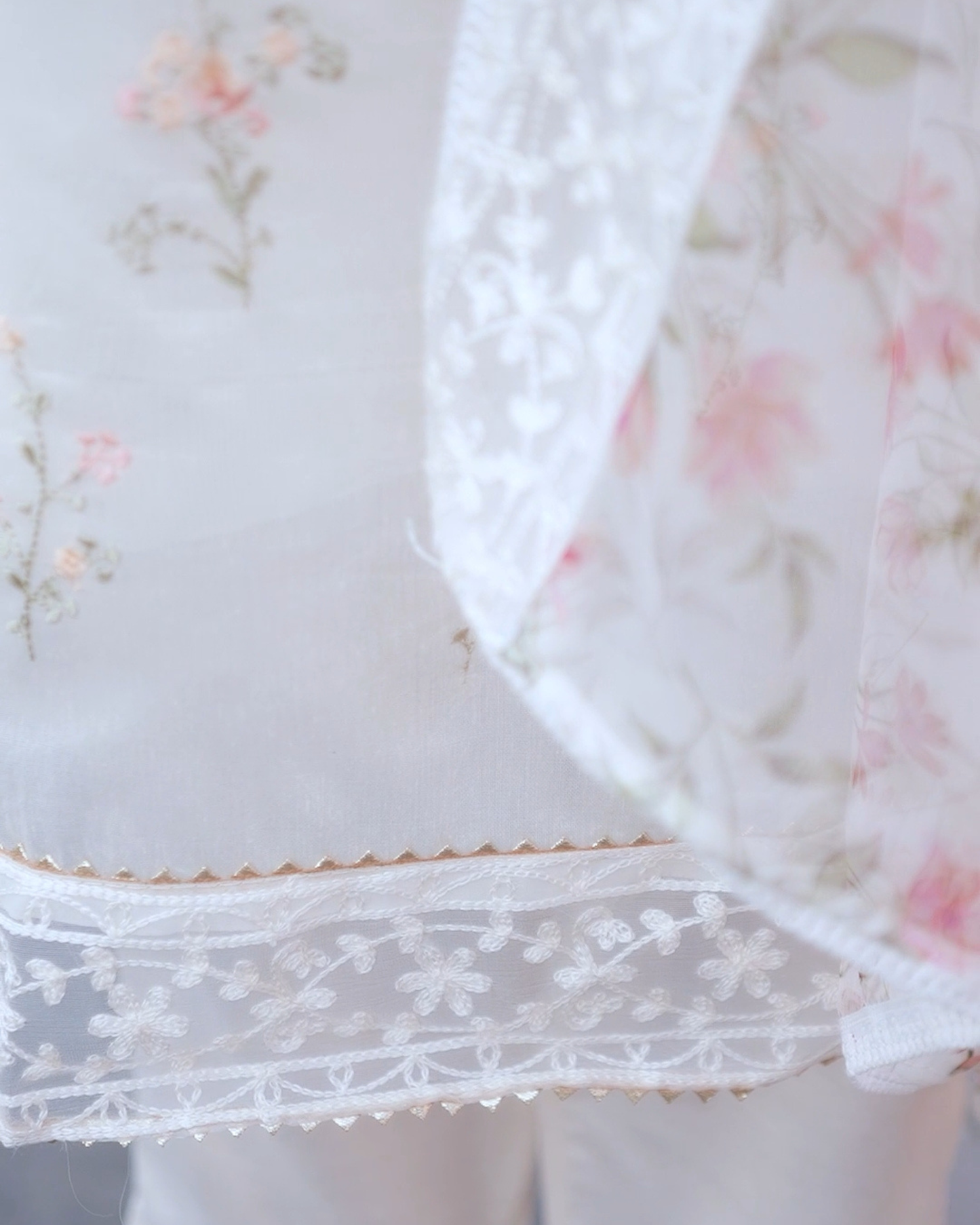 off-white chanderi suit with printed organza duptta