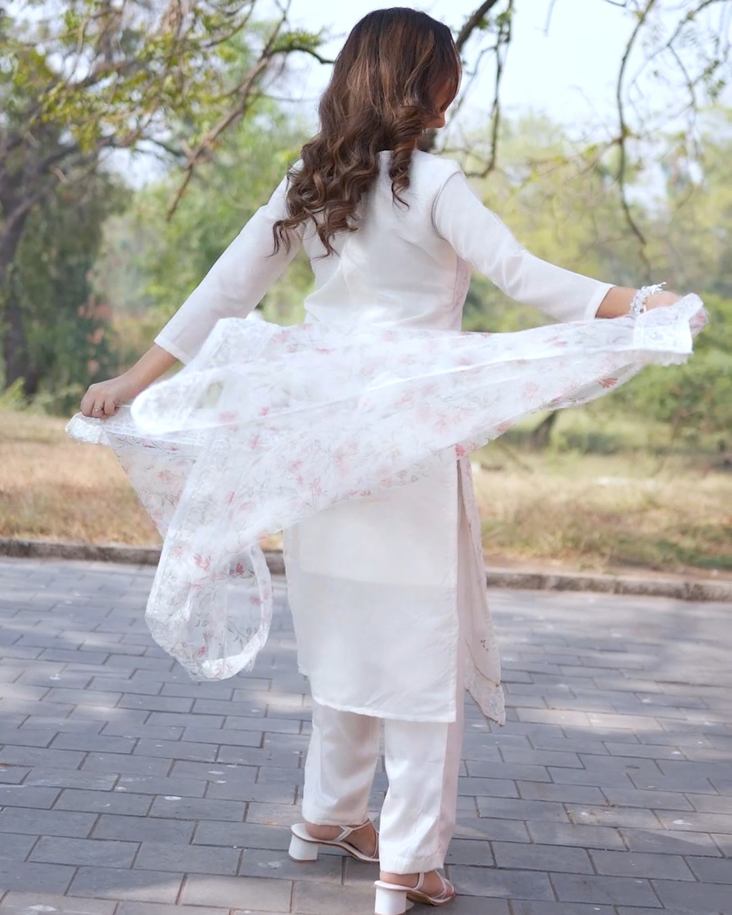 off-white chanderi suit with printed organza duptta