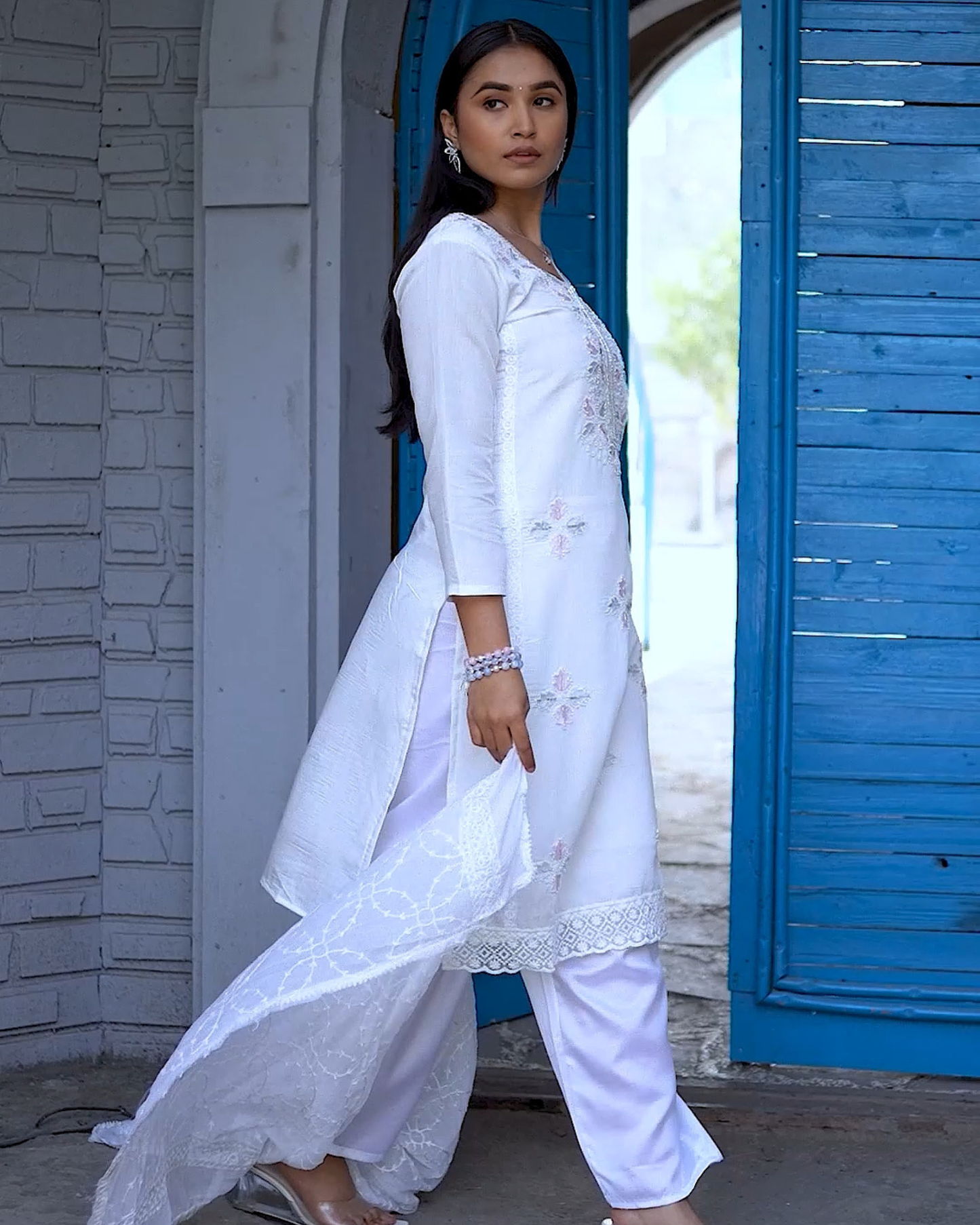 Off-White Chanderi Embroidered Cutwork Unstitched Suit