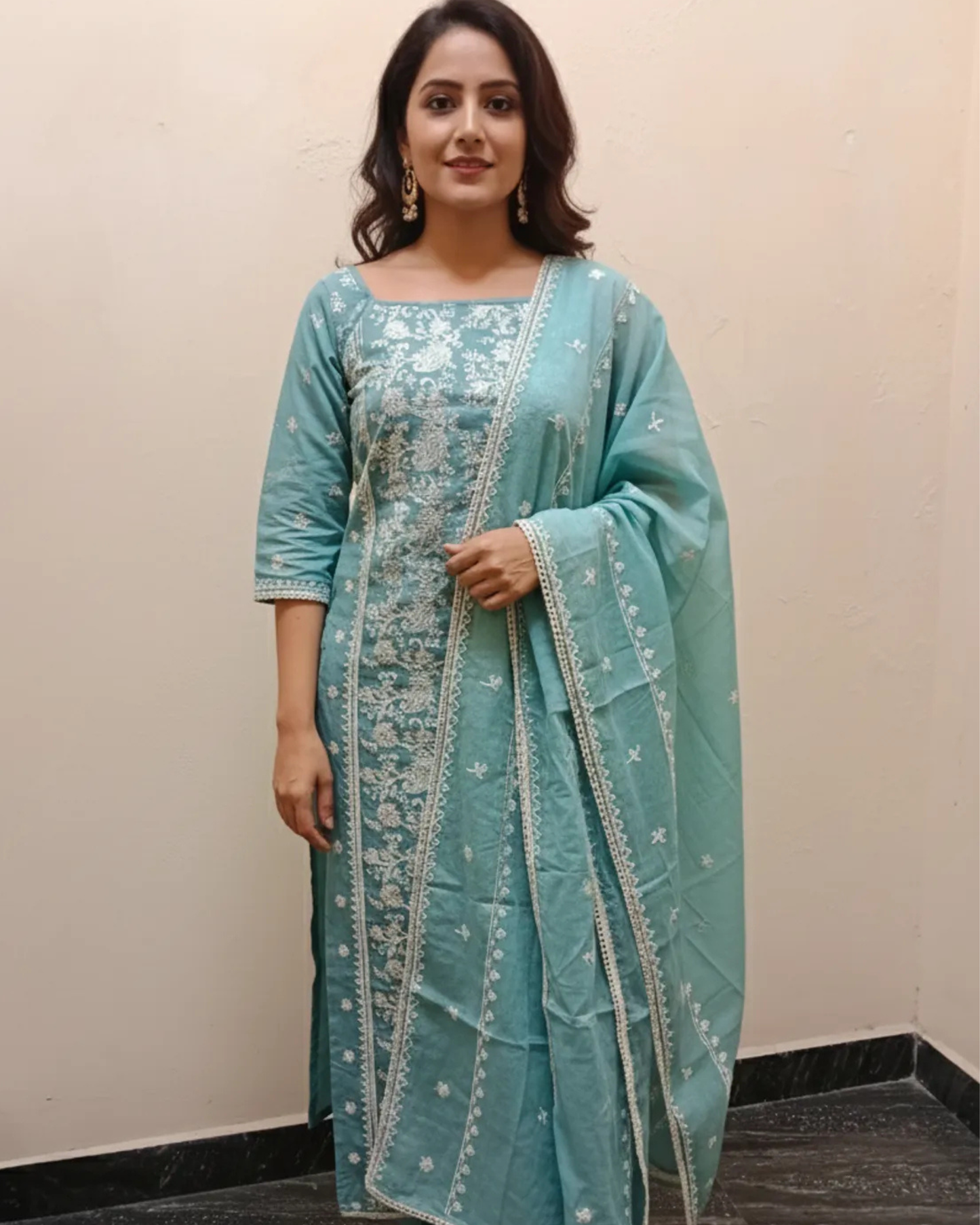 Sea Green Embroidered Cotton Unstitched Suit