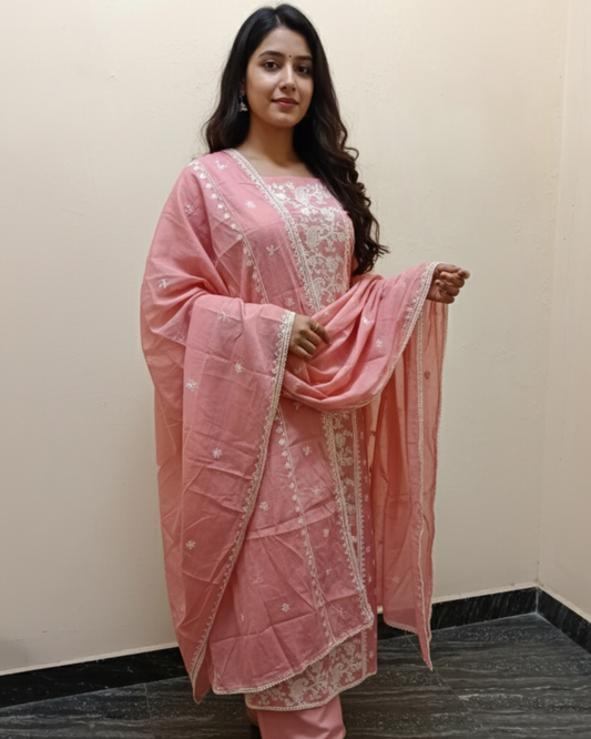 Peach pink embroidered Cotton Unstitched Suit