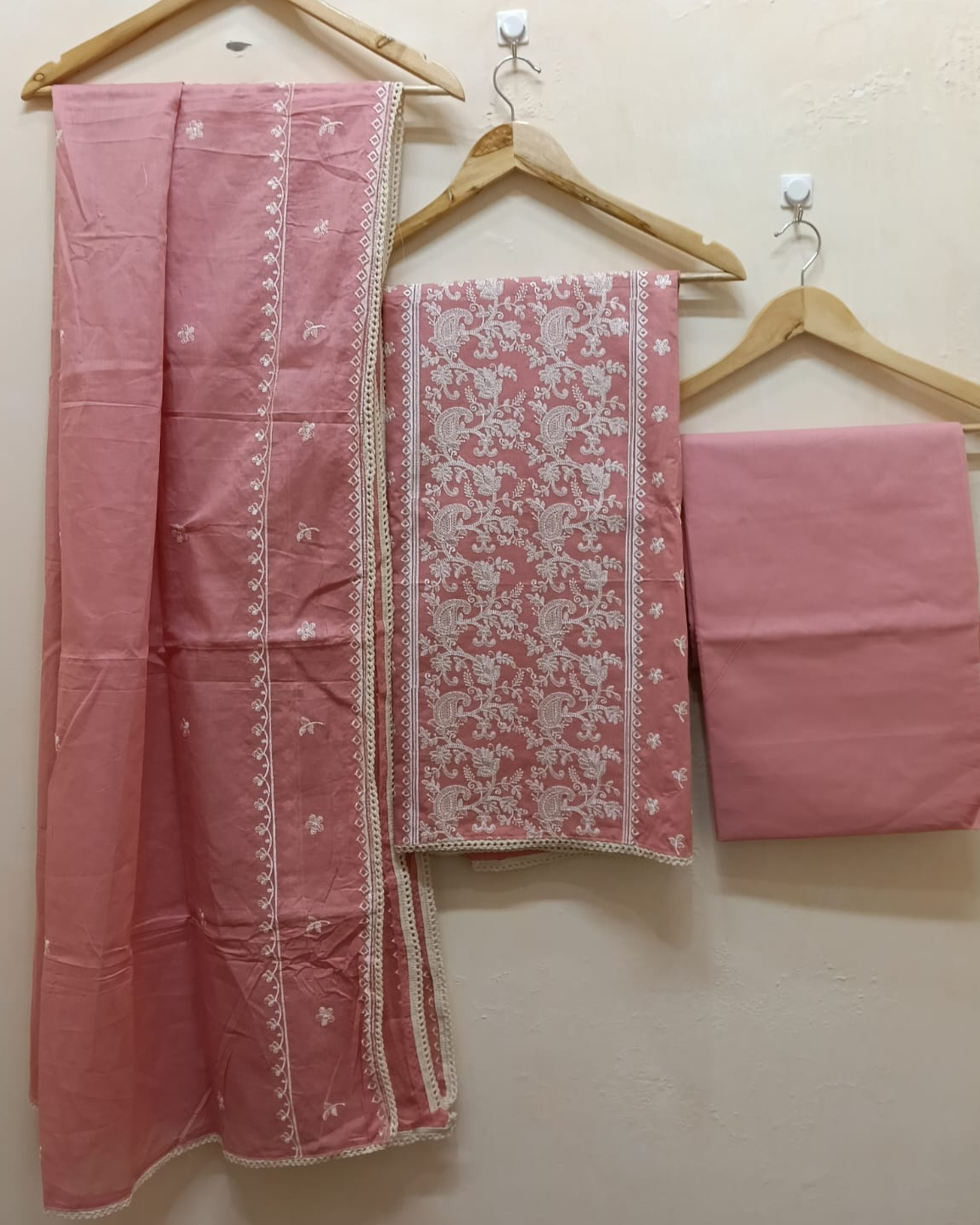 Peach pink embroidered Cotton Unstitched Suit