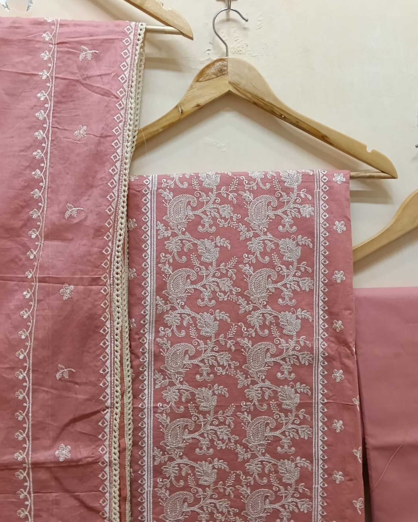 Peach pink embroidered Cotton Unstitched Suit