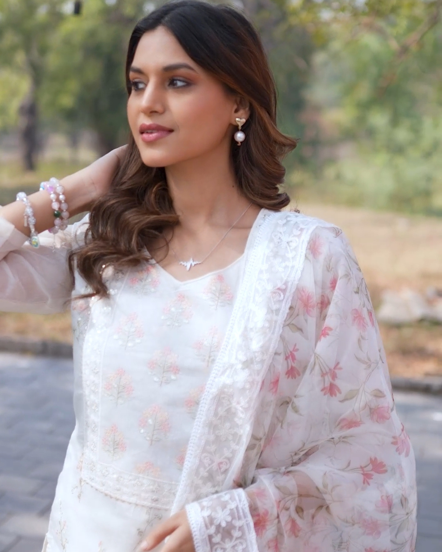 off-white chanderi suit with printed organza duptta