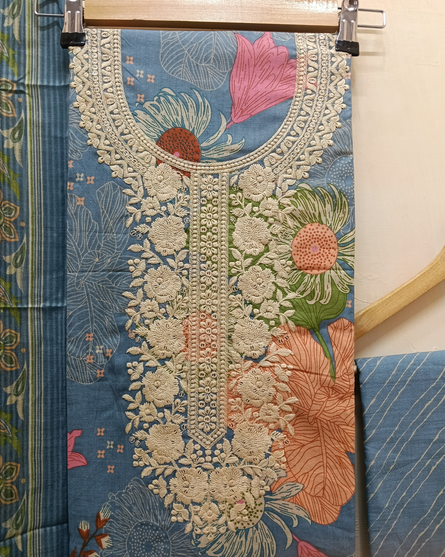 Sky Blue Printed Cotton Unstitched Suit
