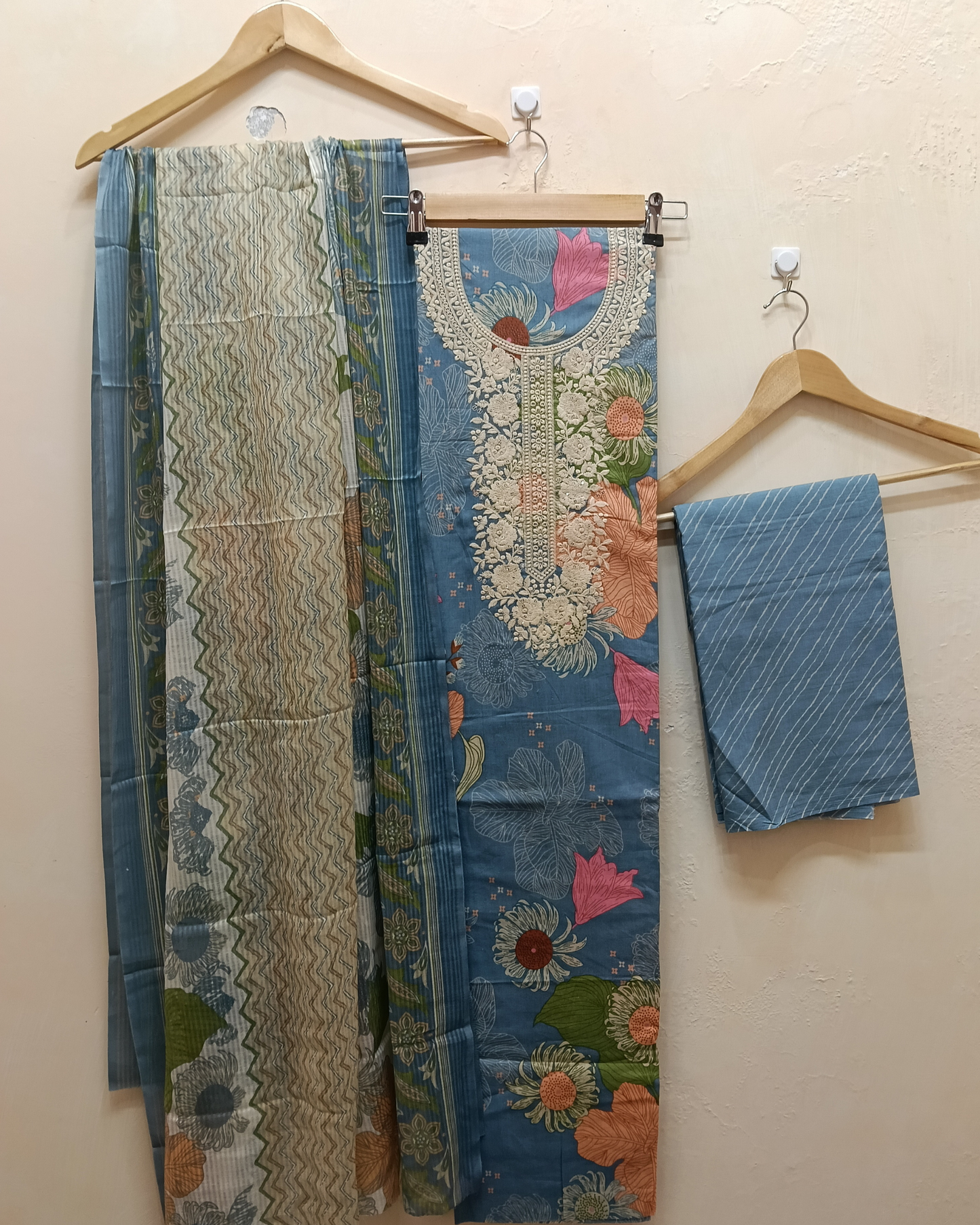 Sky Blue Printed Cotton Unstitched Suit