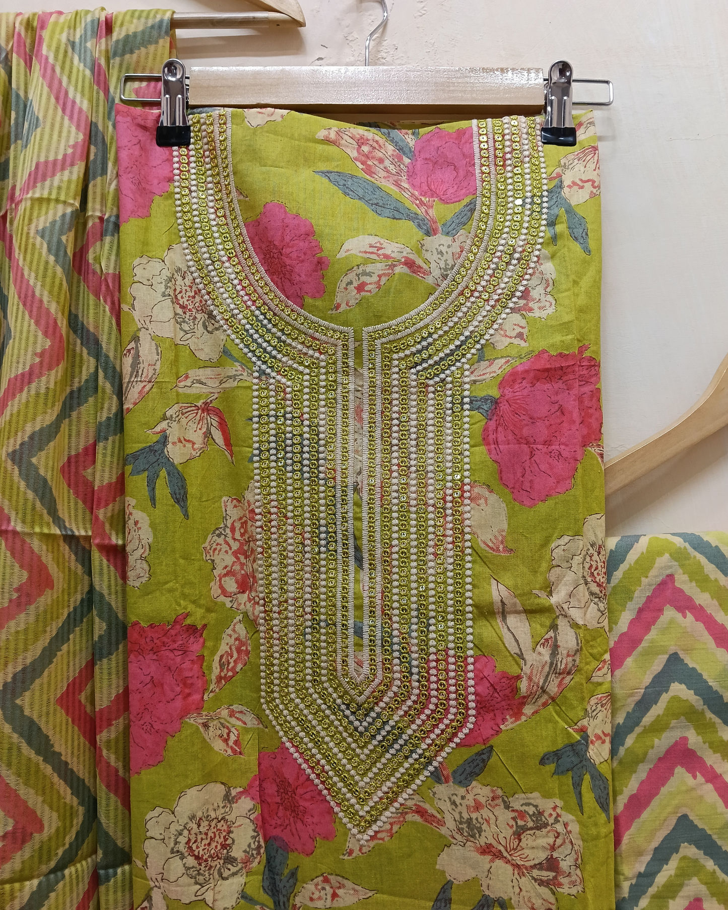 Light Parrot Green Printed Cotton Unstitched Suit
