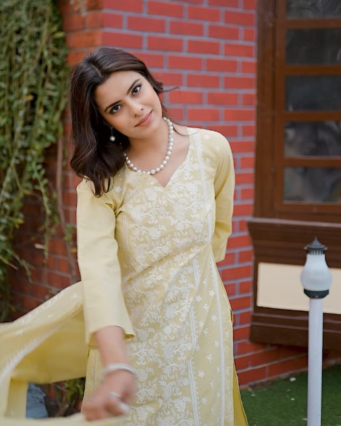 Lemon Yellow Unstitched Cotton Suit – White Thread Embroidery