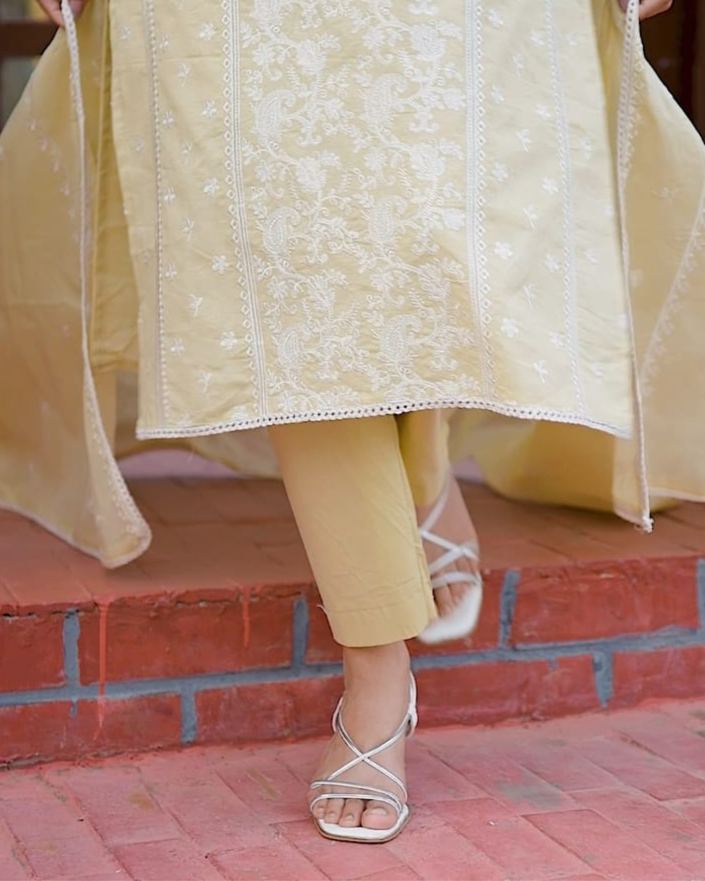 Lemon Yellow Unstitched Cotton Suit – White Thread Embroidery