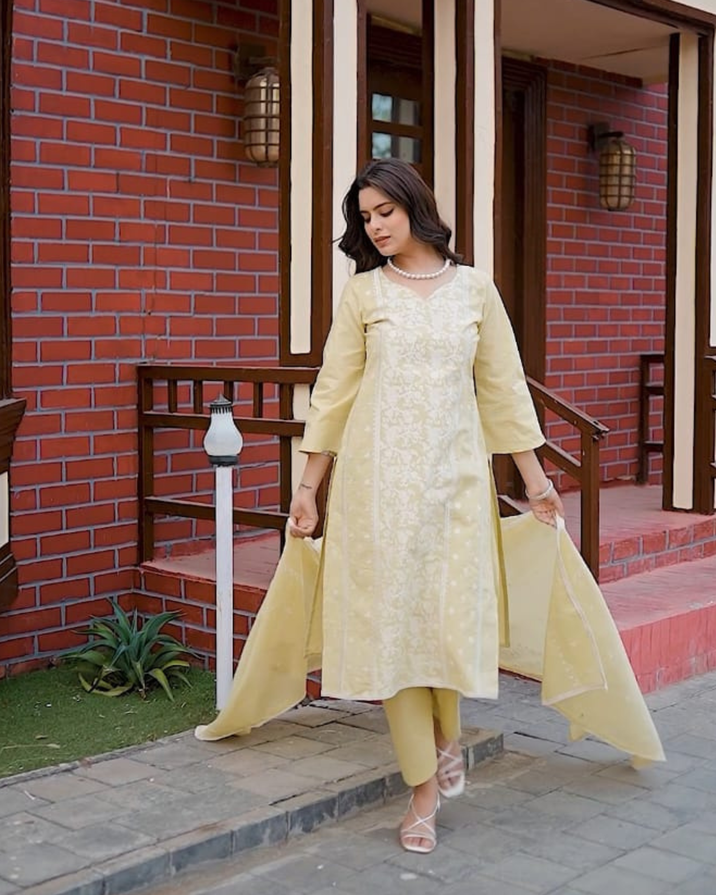 Lemon Yellow Unstitched Cotton Suit – White Thread Embroidery