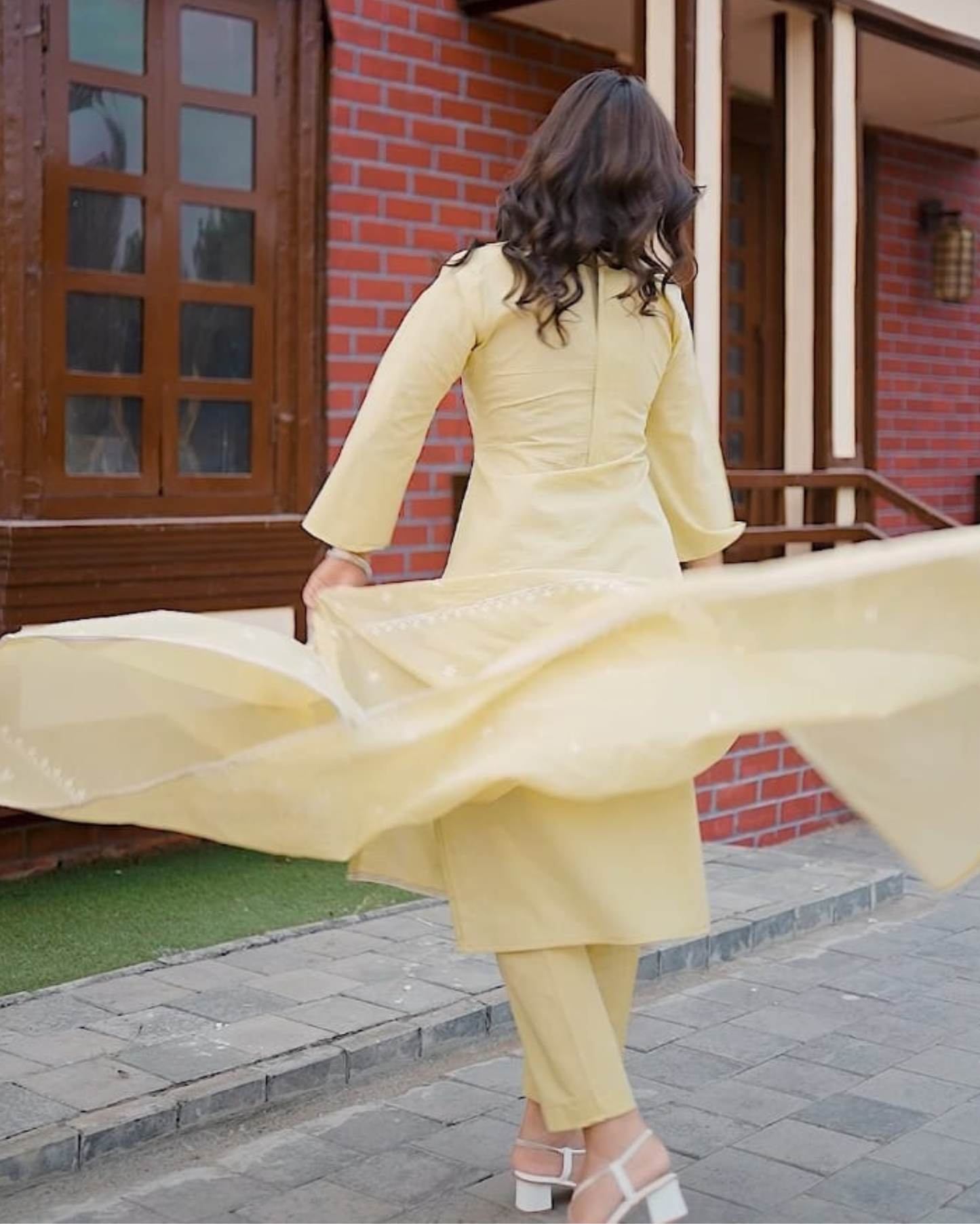 Lemon Yellow Unstitched Cotton Suit – White Thread Embroidery
