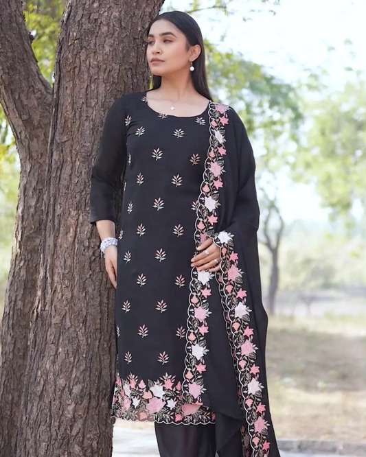 Black Embroidered Fox Georgette Unstitched Suit
