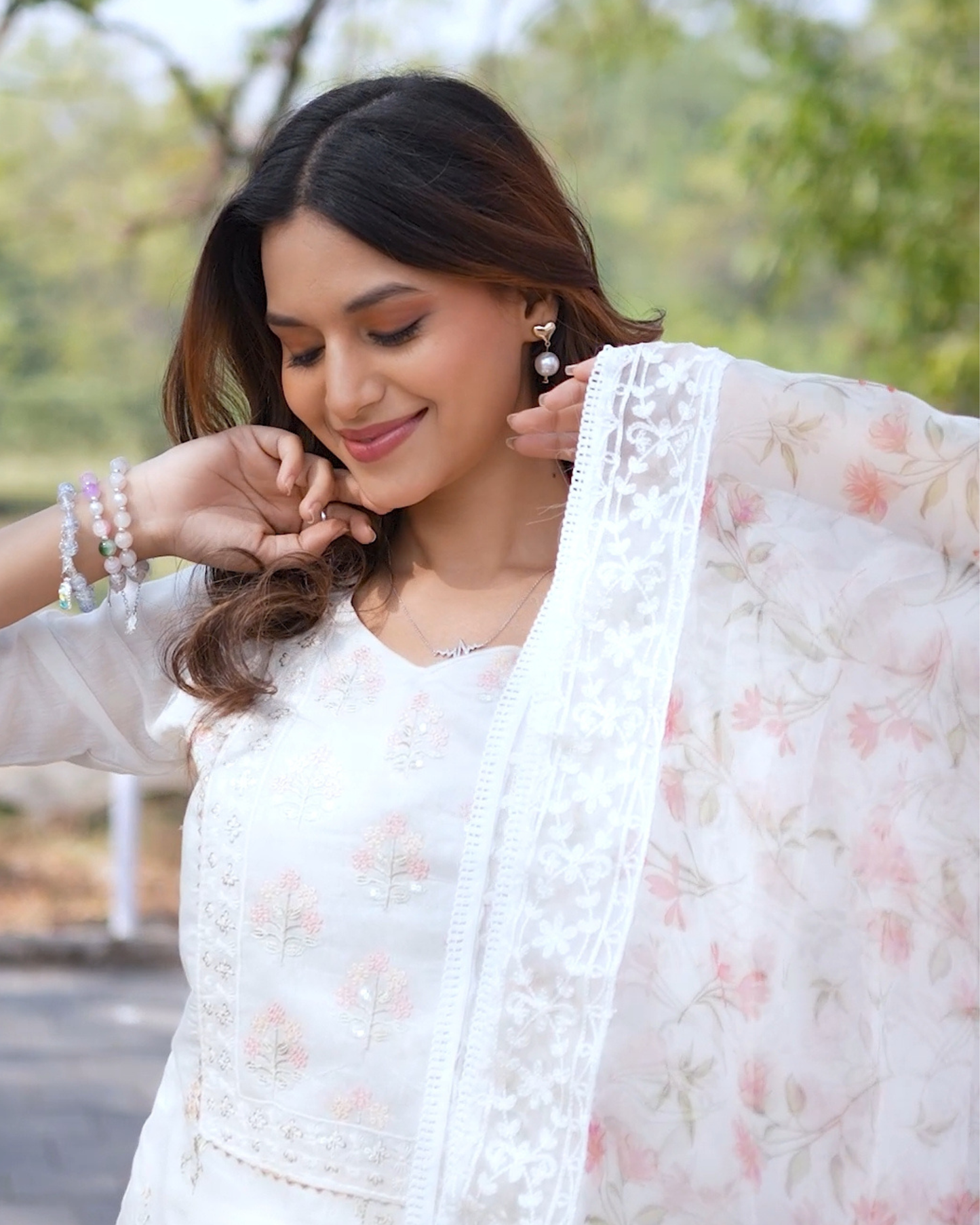 off-white chanderi suit with printed organza duptta