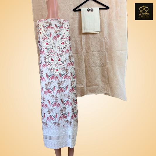 White + Off-White chikankari Work Printed Suit Set