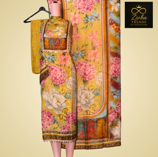 Yellow Floral Printed Semi-Stitched Suit Set with Diamond & Sequence Work