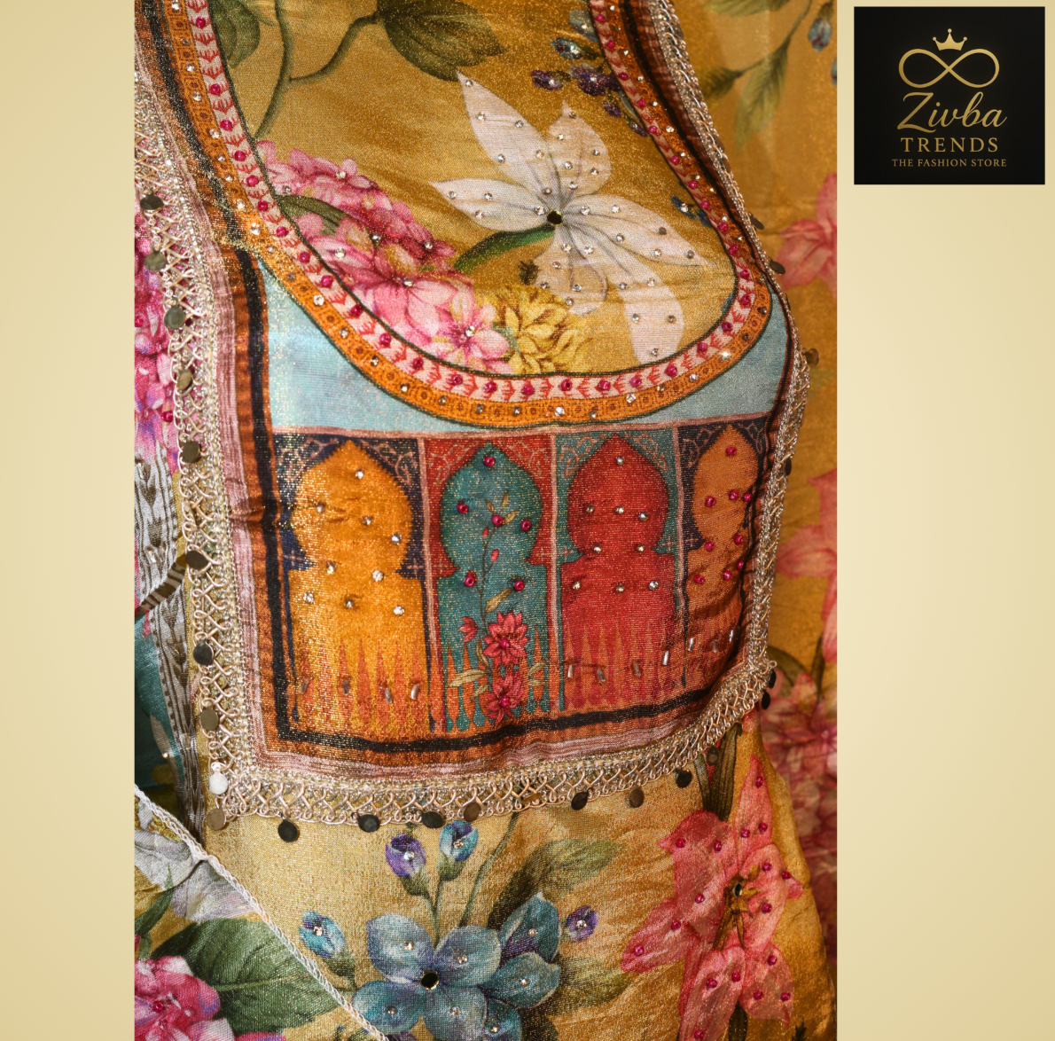 Yellow Floral Printed Semi-Stitched Suit Set with Diamond & Sequence Work