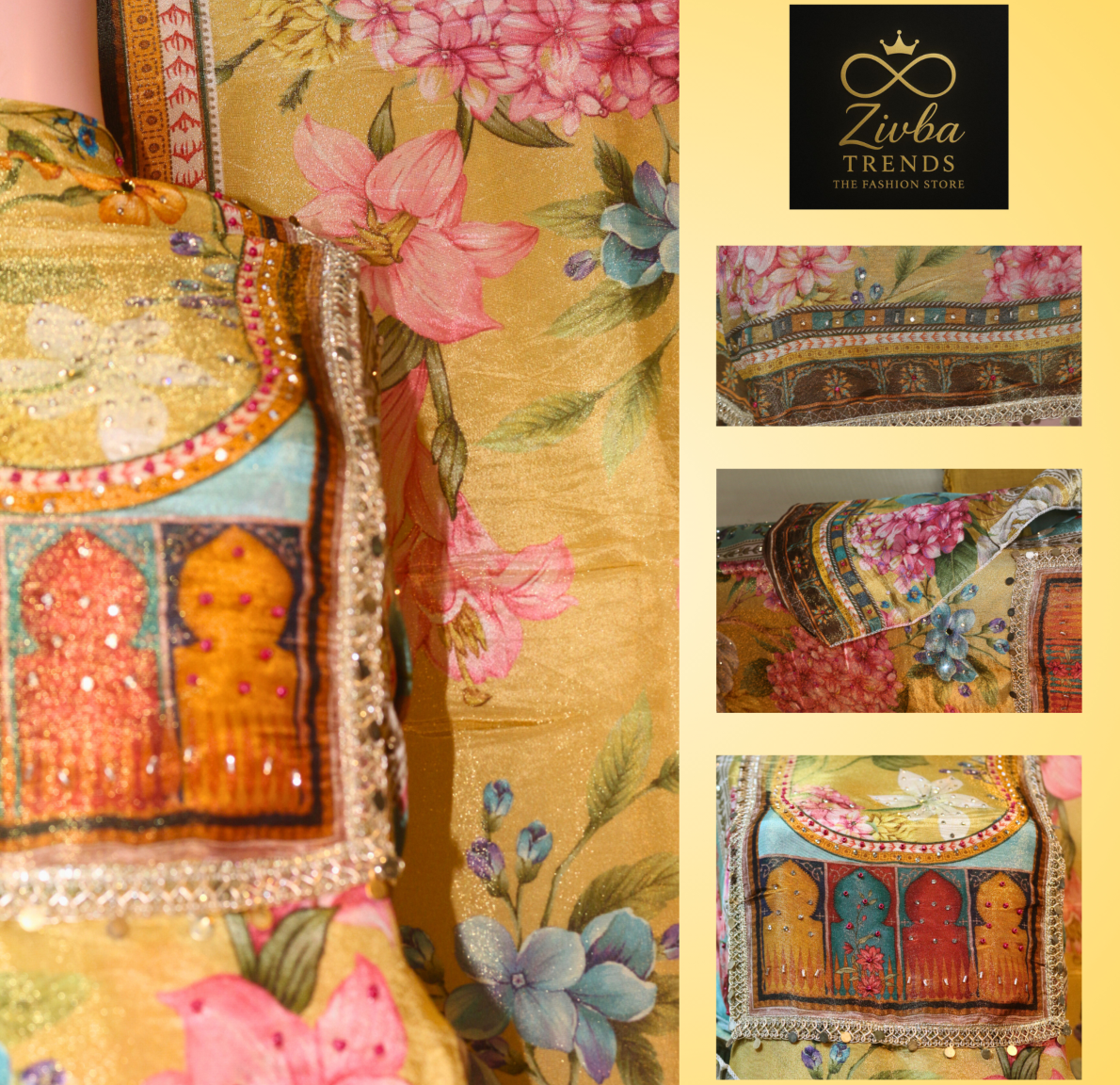 Yellow Floral Printed Semi-Stitched Suit Set with Diamond & Sequence Work