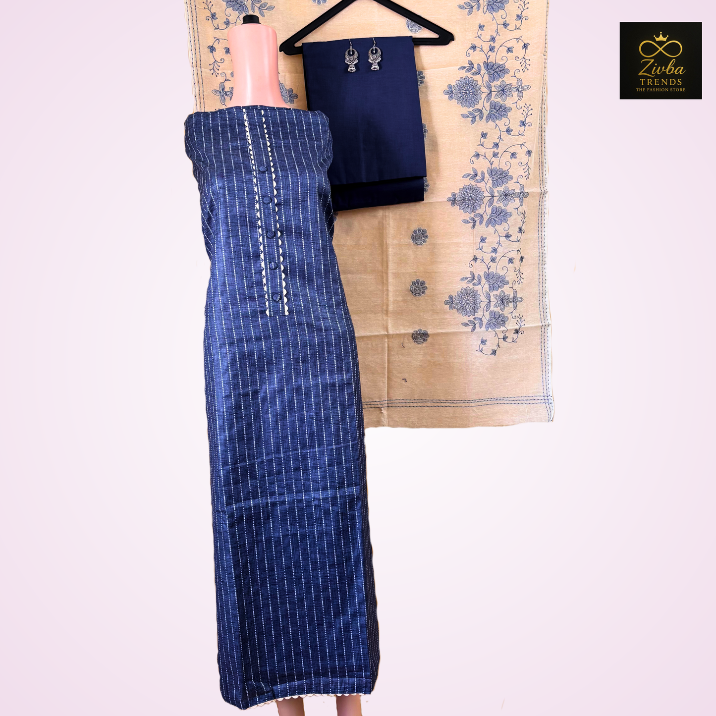 Blue Cotton Weaving Work Unstitched Suit Set
