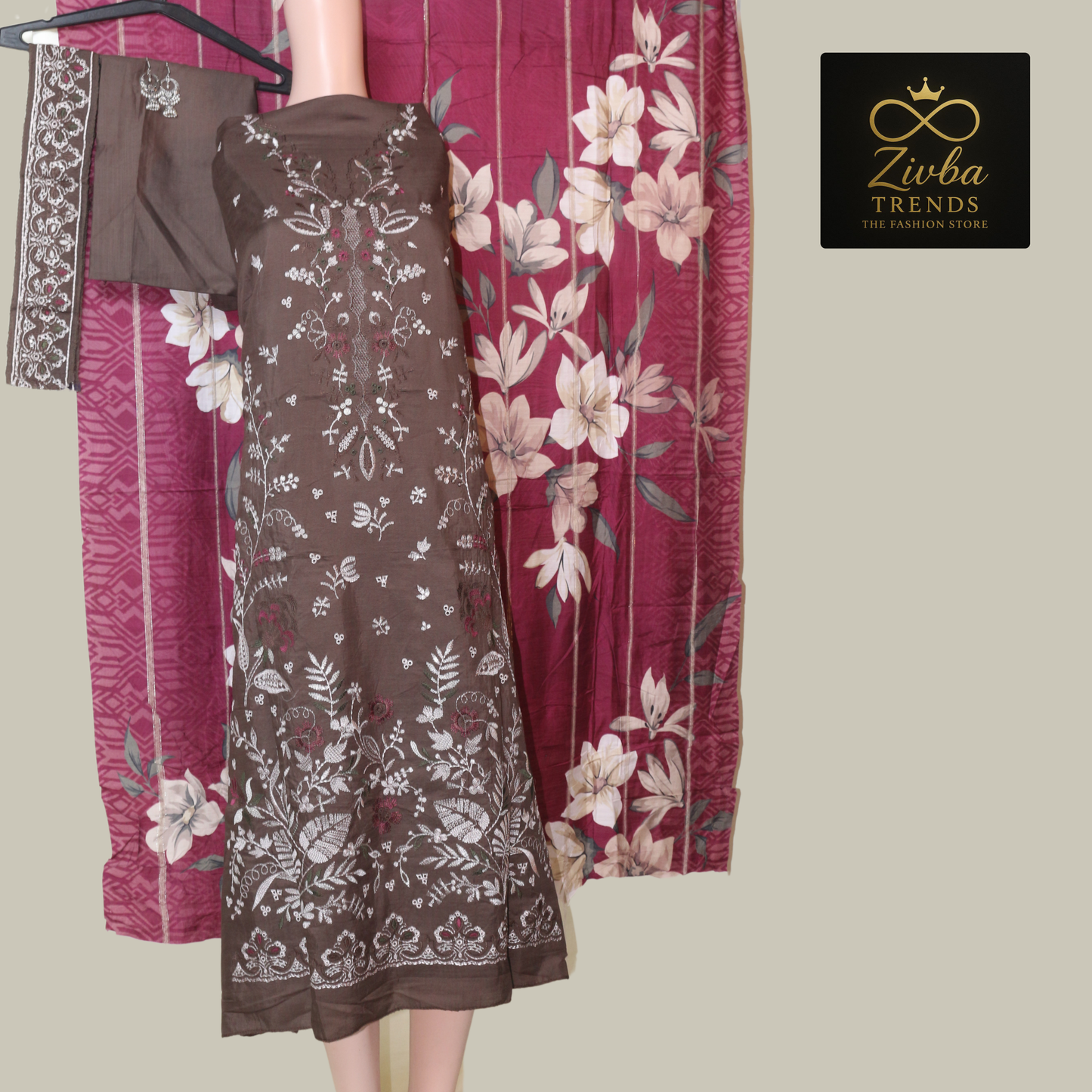 Coffee Brown Embroidered Unstitched Suit Set